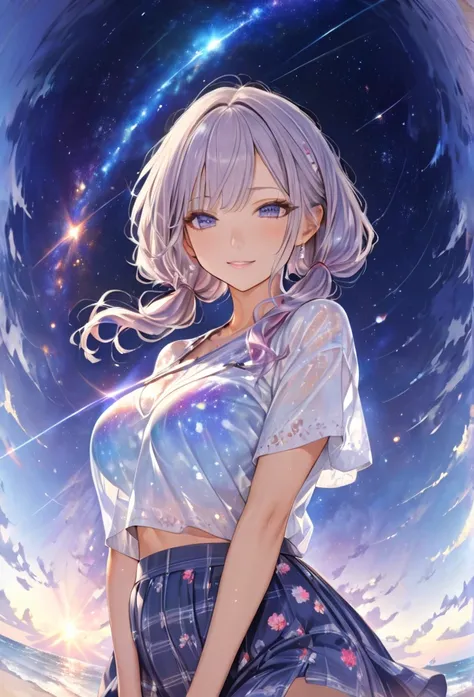 highest quality　masterpiece　high resolution　masterpieceグレーアイズ　low twintails、casual summer outfit　、flowerpunk、universe、sparkling ...