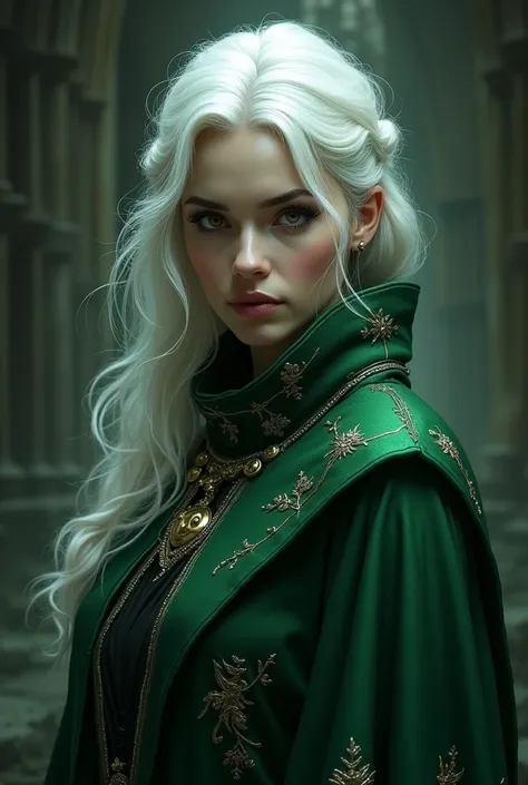 a woman, with white hair, Slytherin clothes, brown eyes, albino skin