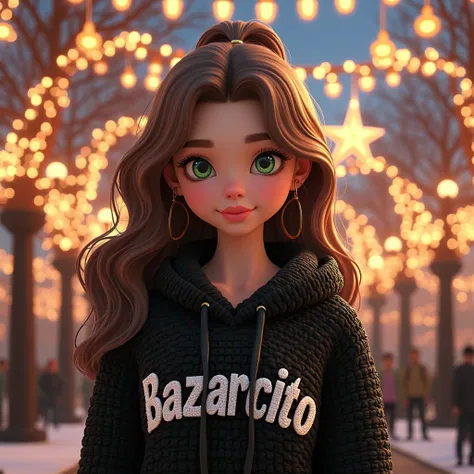 A stunning 3D render of a young, stylish Slavic girl named Bazarcito Cordero, exuding confidence and charm. She wears a powder black crochet hoodie with her name boldly displayed in white font, her mesmerizing green eyes and brown hair contrasting beautifu...