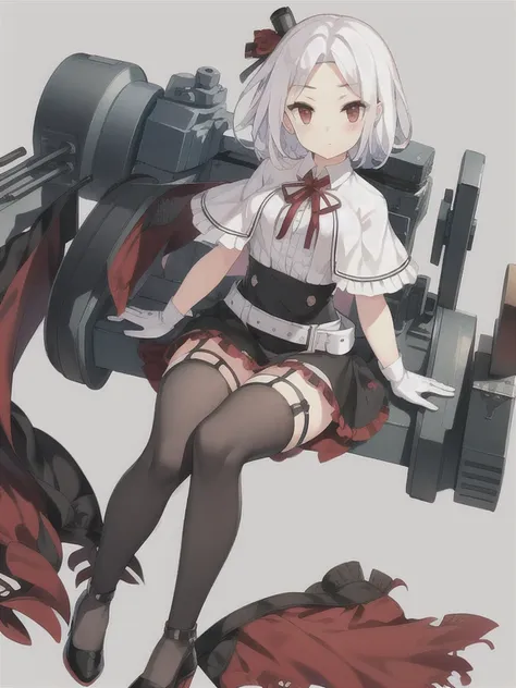 Vittorio_Veneto (warship girls r),((masterpiece)),(((best quality))),((ultra-detailed)),((illustration)),((disheveled hair)),((frills)),(1 girl),(solo),1girl,bangs,belt,black footwear,black gloves,black legwear,blush,breasts,cannon,capelet,gloves,gradient,...