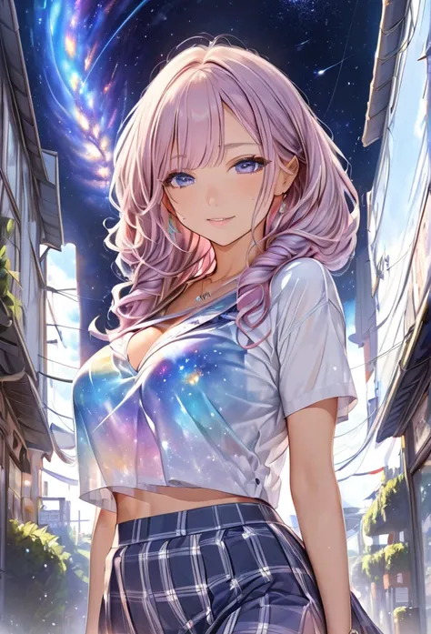 highest quality　masterpiece　high resolution　masterpieceグレーアイズ　low twintails、casual summer outfit　、flowerpunk、universe、sparkling ...