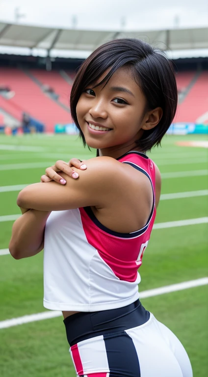 Best-quality, Masterpiece, Ultra-High-Resolution, (Photorealistic:1.4), Raw-Photo, Extremely-Details, Perfect-Anatomy, 

1girl, 12-years-old, the most famous Japanese idol, in track and field stadium, wearing matching track and fields sleeveless colorful u...