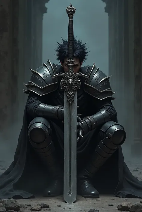 Create an image where there is a guy sitting on the floor with spiky hair with black clothes looking like armor a sword bigger than Iris as a berserk symbol on the sword there is leaning None the broken and at night