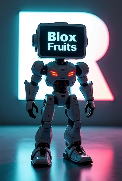 Create an image of a robot with a monitor head, exibindo a frase Blox Fruits em sua tela. Behind the robot, put the Roblox logo. The robot must have a futuristic design and the logo must be clearly visible.."