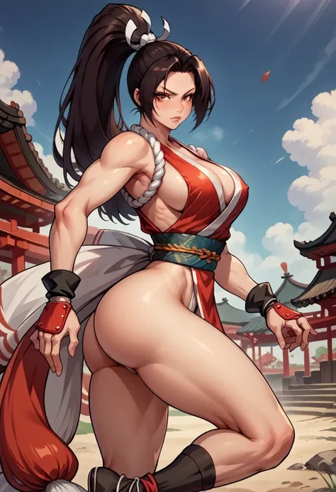 Mai shiranui, 29 years old woman, beautiful detailed eyes, beautiful detailed lips, extremely detailed face and features, long shinobi ponytail, fit muscular body, wide curvy hips, big breasts, big ass, toned thighs, wearing a shinobi outfit, black leather...