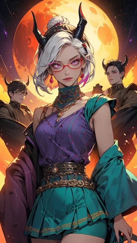 8k, masterpiece, best quality, highly detailed, 1 girl, tiefling, warlock, pixie cut, multicolored hair, very short straight hair red highlight hair on white hair, strippled hair, wearing glasses, round glasses, earrings, navel piercing, red eyeshadow, lon...