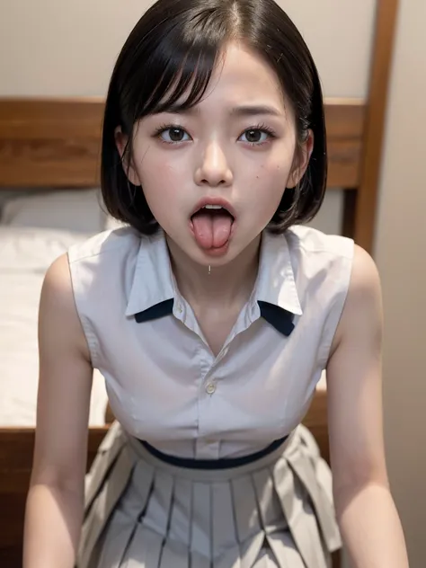 masterpiece、High resolution、Japanese、low length、(Make a nasty face with your mouth open and your tongue sticking out:1.3)、(A tight, sleeveless business shirt:1.5)、(Very short pleated skirt:1.5)、Sweaty、Young Face、Small breasts、10 years old、(Young face)、(Loo...