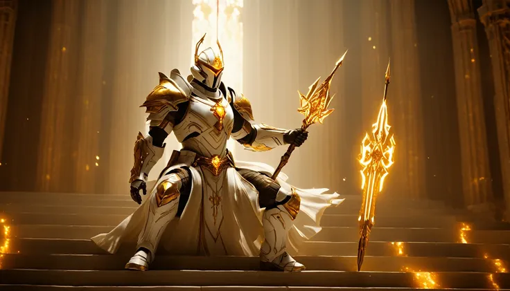 Masterpieces, male, Holy white Knight, (white armor) Action style shot, inside a cathedral, fighting another knight. (no undercloth), holding a spear in one hand, Glowing amber colored Christian Cross on breastplate, (Battle Priest in a warframe and halo s...