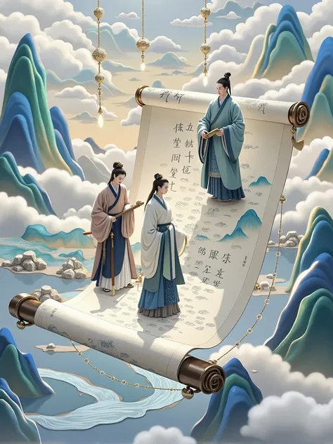 China-Chic style, felt material, an open scroll floating in the air, with some ancient characters on it. On the open scroll stand several ancient poets, with illustrations of mountains and rivers in the background. Featuring undulating mountains, silk, mac...