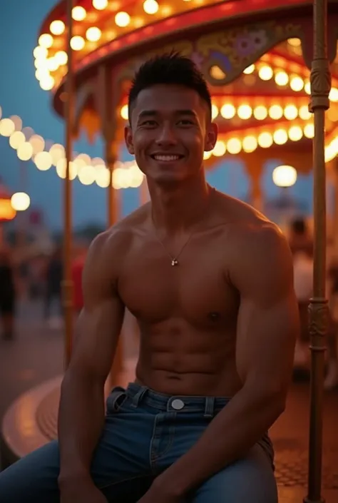 photorealistic, best quality, masterpiece, extremely detailed, sexy, homoerotic, extremely handsome, 25 year old filipino man, muscular bodybuilder, big smile, sitting on carousel merrygoround, at funfair carnival, at midnight, ambient lighting, dramatic s...