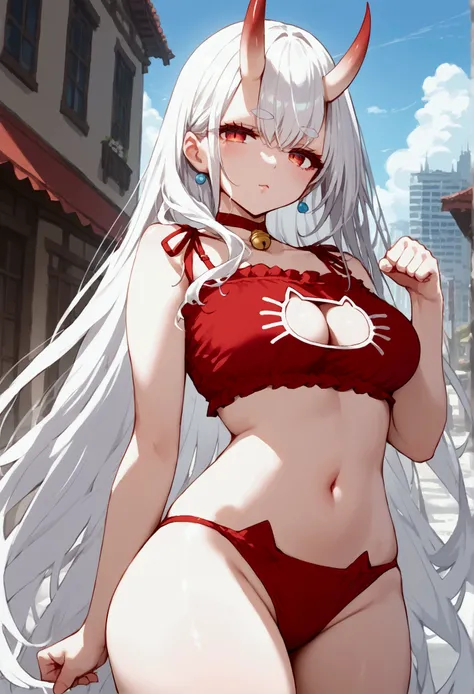 score_9, score_8_up, score_7_up, source_anime, (masterpiece), best quality, expressive eyes, perfect eyes, perfect face, oni girl, oni horns, red eyes, soft lips,  long hair, very long hair, wide hips, (white hair:1.2), (white eyebrows:1), (white eyelashes...