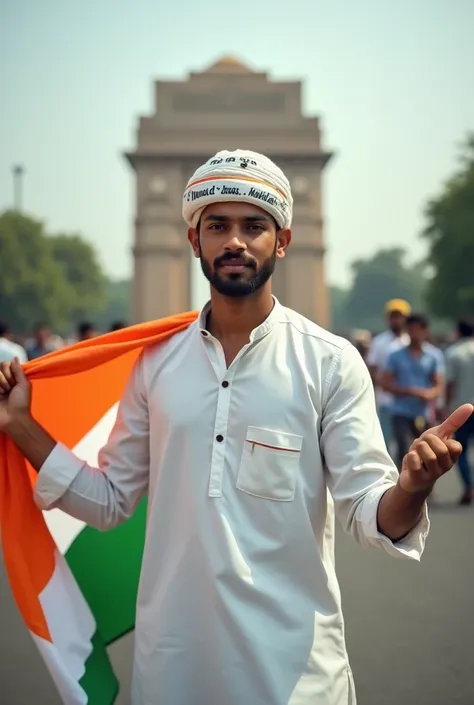 A real 20 years old boy, Wearing Imama and white beautiful kurta and the name "Mohd.Anas" is written on his kurta and the boy is standing on the road with holding a national flag of India, and behind him is the India gate Delhi. And "Happy Independence Day...