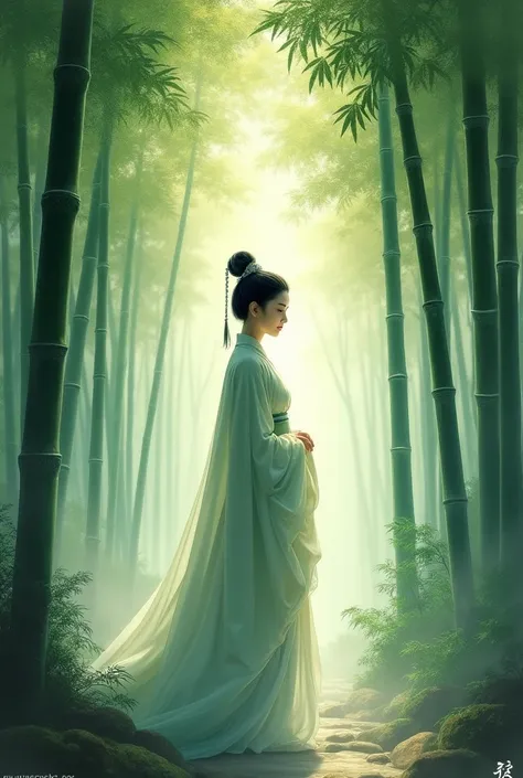 China-style，Chinese ink style，water ink，Smudge，bamboos，Hanfu beauty standing in the bamboo forest，The scene is，Full body like，Green gradient， highly detailed surreal vfx，China ink painting，oc rendered， - AR 16:9 --q 2 --s 1000