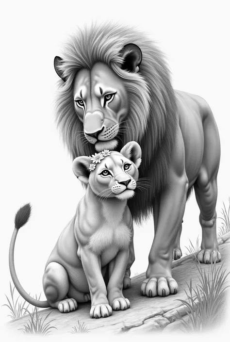 A father lion protecting his lioness daughter, The daughter wears feminine details like flowers in her hair drawn in pencil 