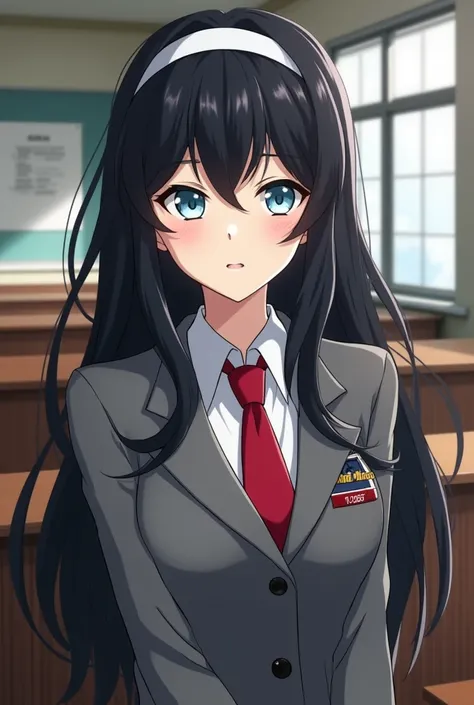 Boku no hero academia screenshot, beautiful girl, Long hair, wavy and dark, light blue slanted eyes, White skin, uniform gray coat red tie, She wears a white headband, UA classroom setting.