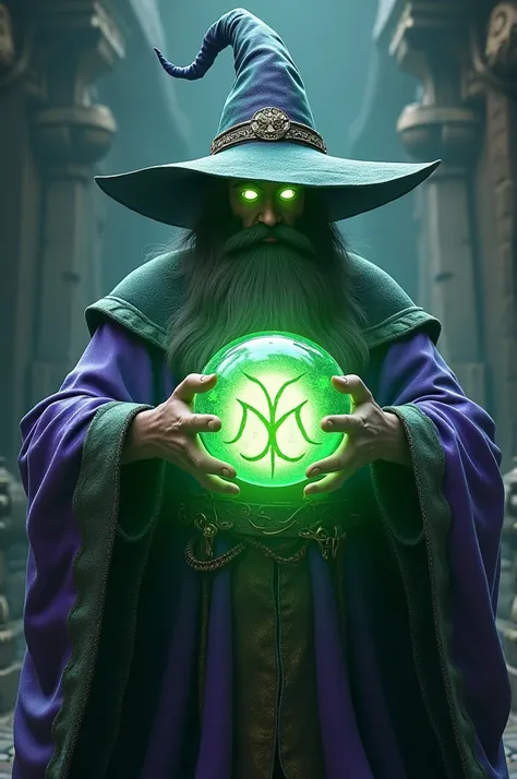 Create a wizard style wizard with hat, Its colors are green and purple, White lights come out of his eyes and he has both hands on a magic ball full of white light with two letters M together in the middle of the ball 