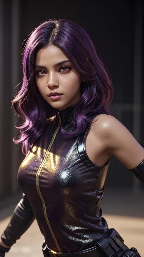 A cute girl with brown skin, sexy body, wavy purple hair [with shades of black], golden eyes (shiny), ultra realistic eyes, with a pistol, jumping, with sniper outfit, Valorant Riot game, round face, realistic lighting, Radiosity, Close UP.