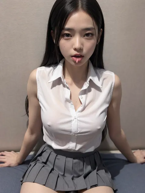 masterpiece、High resolution、Japanese、low length、(Licking the dick in her hand with a dirty look on her face:1.4)、(A tight, sleeveless business shirt:1.5)、(Very short pleated skirt:1.5)、Sweaty、Young Face、Small breasts、10 years old、(Young face)、(Looks like a...