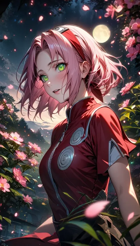 Ultra detailed, highres, absurdres, HDR, master piece, Haruno Sakura, pink short hair, expressive green eyes, Naruto Shippuden, pink flowers, petals, fireflies, moon, woman, solo, extremely beautiful, very detailed face and eyes, best quality, red clothes