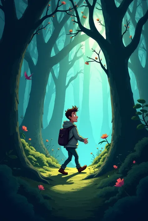  Man walking in the dark forest 3d cartoon 

