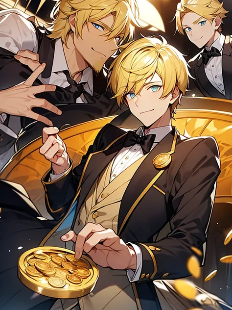 A boy, blond, with vibrant amber eyes, having a thin beard, a sarcastic smiling woman, wearing clothes, having a semi-suit or formal style exotic anime. he is messing with some coins. Elegant and at the same time a con artist