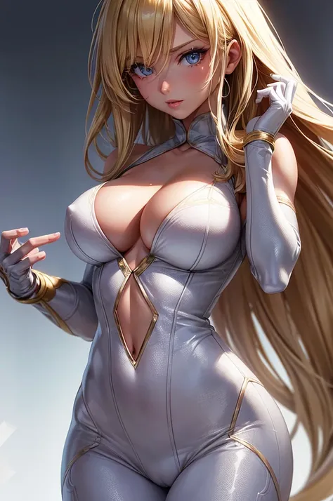 Solo, 1girl, Early 30s, long blonde hair, large heavy breasts, slender toned build, white bodysuit, cleavage, random background, flirtatious look, ((very detailed)), (perfectly detailed face), (well detailed hand)