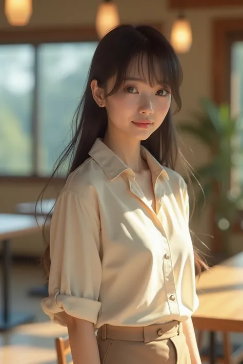 (Highest quality, 8k, 32K, masterpiece, Ultra-high resolution: 1.2), 1 person, Beautiful Japanese Woman, Narrow waist, (Lovely Face), (Female Anna costume), ((Neat and clean clothes), Natural clothes, light-colored blouses, (Mimore length skirt), Elegance ...