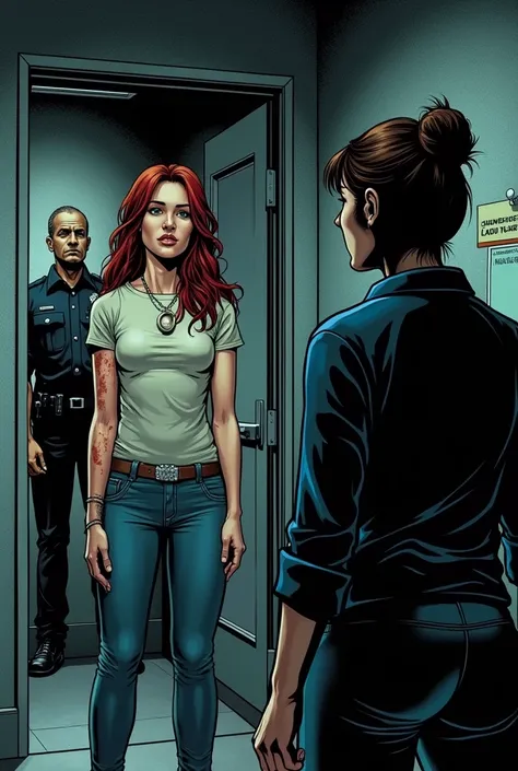 Make a comic book style drawing of a woman who is being assaulted by her husband at the police station talking to a female police officer reporting her husband