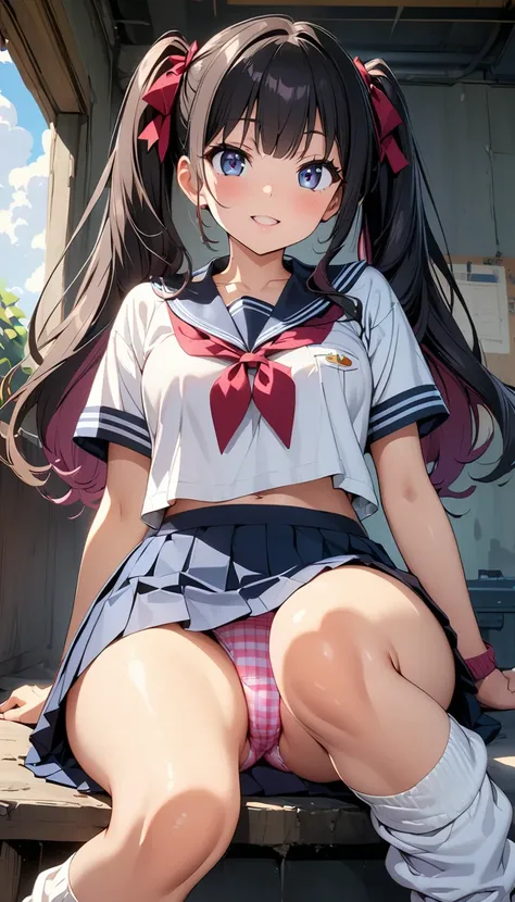 (Highest quality:1.2, 4K, 8k, Studio Anime, Very detailed, up to date, Vibrant, Attention to detail, High Contrast, masterpiece:1.2, Highest quality, Best aesthetics), (((1 person))), Sit and pose, ＪＫ, Sailor suit, Pleated skirt, loose socks, loafers, Open...