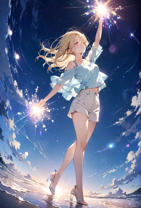 ((masterpiece)),(((Highest quality))),Thin thighs,Long legs,whole body:1.5，(One Girl:1.3),(More beautiful casual summer outfits：1.3),(Wearing light casual clothes:1.2),Short Blonde:1.2、Model pose，Gravure idol、
、flowerpunk、Sparkling light particles、Vivid gr...