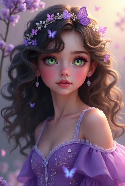 A girl with lots of curls and green eyes dressed in purple