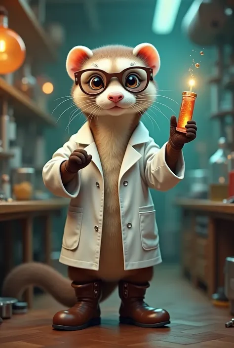 Ferret in white coat, boots, lab glasses with an indicator in his raised hand