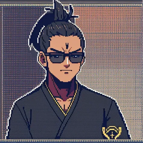 front logo man with glasses samurai bun style in pixel black color black attire black skin color african