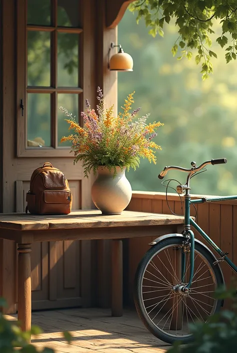 A bicycle leaning on a table with a vase of flowers and a backpack on top