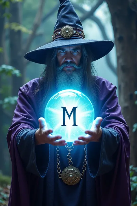 Wizard with wizard style hat with eyes emitting white lights, he is facing forward with both hands on a ball filled with white light with two letters M inside, the wizard is stylish and the colors are vibrant green and purple in 4k