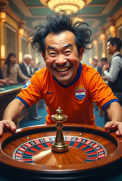 A crazy Chinese guy wearing an orange Dutch football shirt betting on the casino roulette wheel