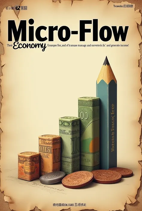 Can you create a cover for a magazine related to microeconomics?? It&#39;s about how to make money the name is "micro-flow

1. **Vintage Retro Old Poster Style**:
   - **bottom**: A background that imitates aged paper or parchment, with wrinkle textures an...