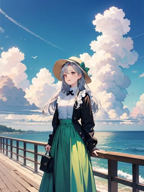 Pastel tones、High definition、Anime-like、The ocean can be seen beyond the gentle hills、High and blue sky、A shining white cumulonimbus cloud、Boardwalk、A young lady with silver hair, a half-green outfit, a long skirt and a cardigan, wearing a wide-brimmed whi...