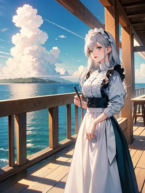 Pastel tones、High definition、Anime-like、The ocean can be seen beyond the gentle hills、High and blue sky、A shining white cumulonimbus cloud、Boardwalk、A young lady with silver hair, a half-green outfit, a long skirt and a cardigan, wearing a wide-brimmed whi...