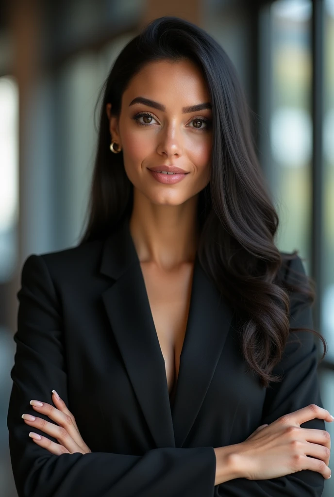 Latin woman, of 1,80 meters tall, thin brunette,  straight black hair without waves, large eyes, elongated profile , filena nose, medium thick lips, with a beautiful smile, professional, sophisticated executive, working in digital marketing and graphic des...