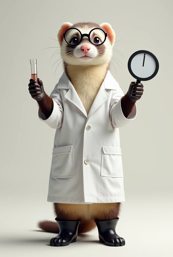 Ferret in white coat, boots, lab glasses with a whiteboard indicator in his raised hand