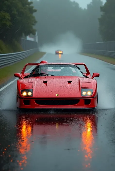 Ferrari f40 with driver in red helmet driving on wet track with rain 