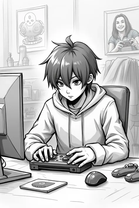 Teen ager playing video games and chatting sketch
