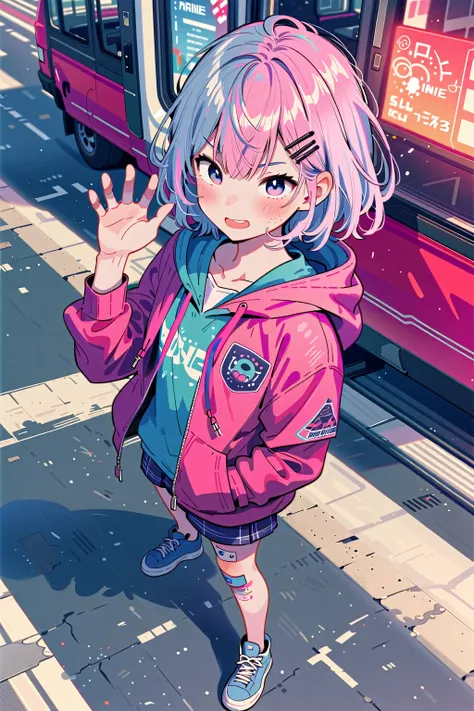 anime girl with pink hair and blue eyes standing on a street, anime style 4 k, anime style. 8k, anime art wallpaper 8 k, anime art wallpaper 4 k, anime art wallpaper 4k, 4k anime wallpaper, anime wallpaper 4 k, anime wallpaper 4k, best anime 4k konachan wa...