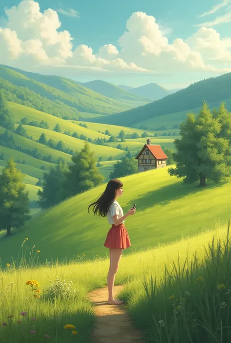 Image of a girl going to the countryside more realistic the tallest girl




