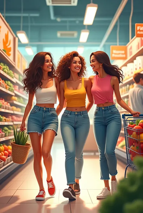 3 women having a fun time in a supermarket 