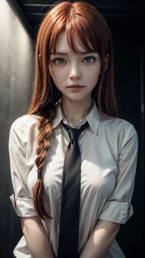 makima (chainsaw man), best quality, ultra detailed, 1girl, solo, standing, red hair, long braided hair, golden eyes, bangs, medium breasts, white shirt, necktie, stare, smile, (evil:1.2), looking at viewer, (interview:1.3), (dark background), from below, ...