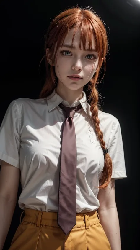 makima (chainsaw man), best quality, ultra detailed, 1girl, solo, standing, red hair, long braided hair, golden eyes, bangs, medium breasts, white shirt, necktie, stare, smile, (evil:1.2), looking at viewer, (interview:1.3), (dark background), from below, ...