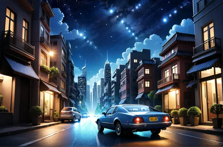 Cityscape、Buildings、night、There are many stars in the sky、The car is running、