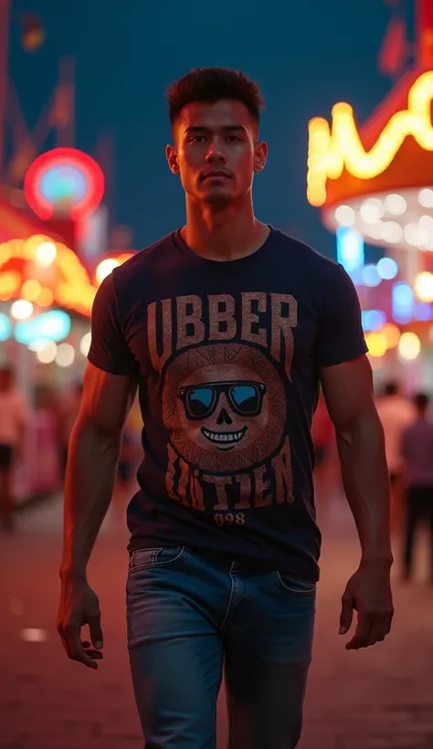 photorealistic, best quality, masterpiece, extremely detailed, sexy, homoerotic, extremely handsome, youthful good looks, 25 year old indonesian man, very muscular bodybuilder, fitted graphic print tshirt, tight jeans, big smile, happy, walking around funf...